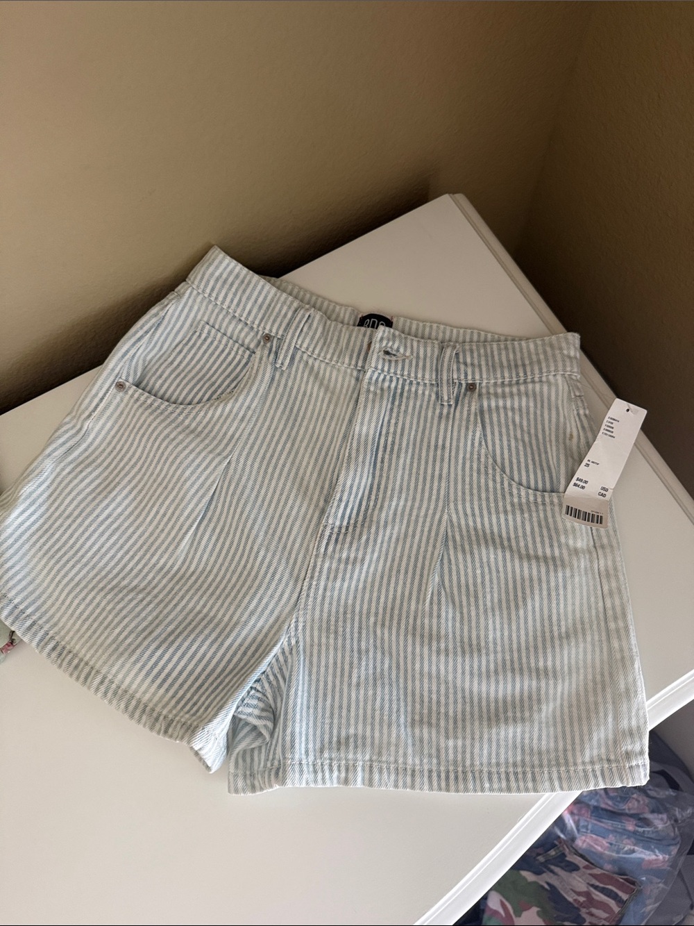 BDG Light Blue and White High-Waist Striped Shorts